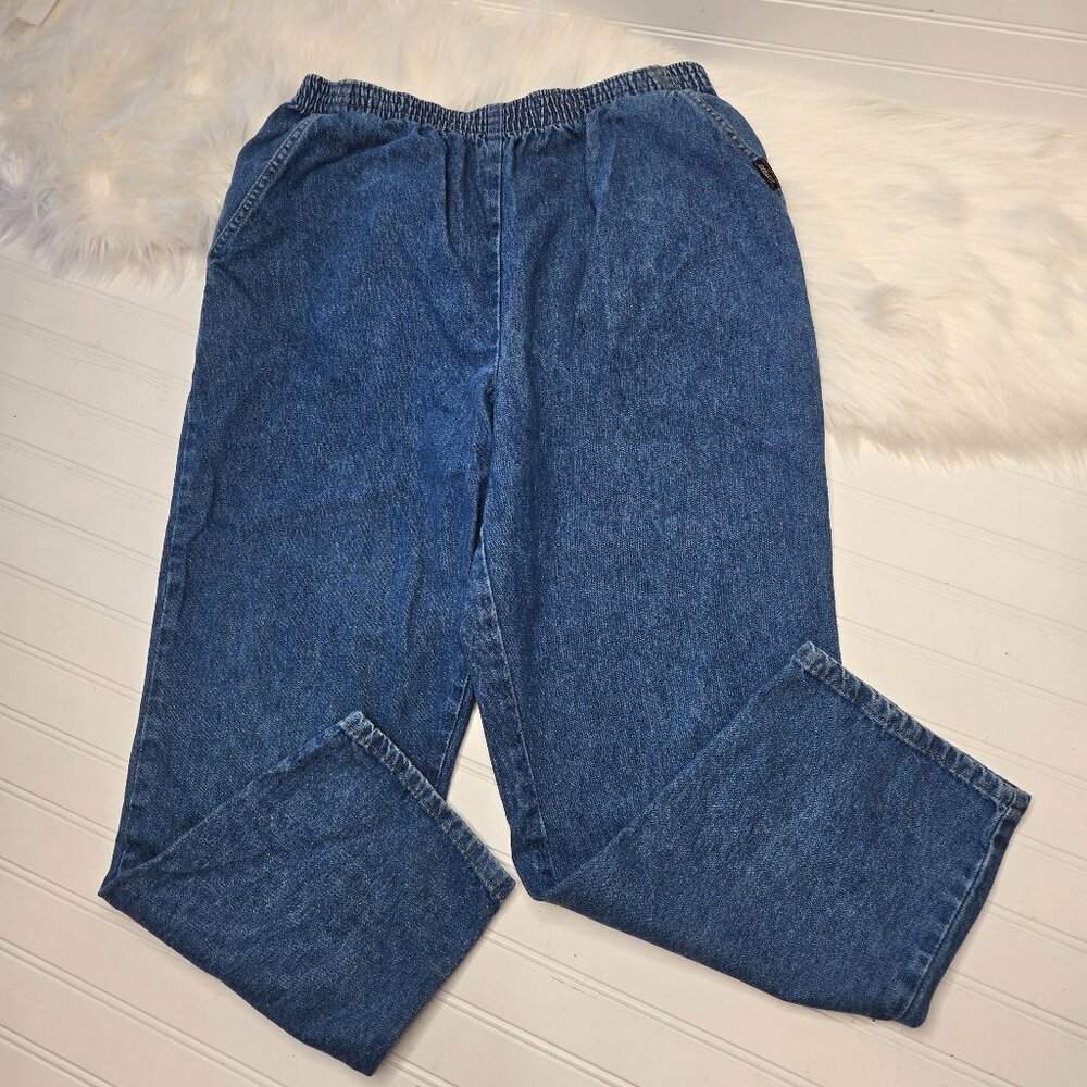 Vintage Chic Pull On Mom Jeans Blue Elastic Waist Women's 14 Petite Pockets EUC